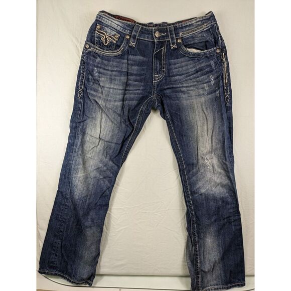 Buckle Rock Revival Troy Relaxed Straight Jeans Mens Size 34 Blue‎ Denim Western